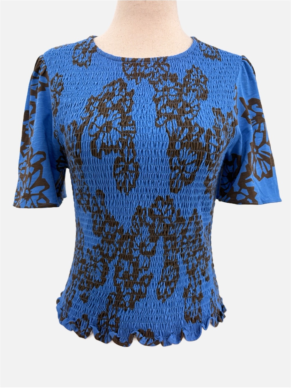 ME+EM Stencil Bloom Printed Smock Top Provence Blue Spring Chocolate US 6 NEW - Picture 3 of 8